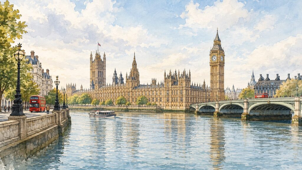 Πρωτότυπη εικονογράφηση του Τάμεση και του Westminster για ταξίδι τεσσάρων ημερών στο Λονδίνο